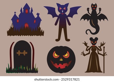 Halloween festival day creepy icon set  with illustration