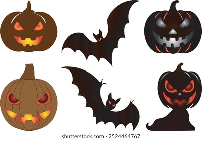 Halloween festival day icon set including creepy pumpkin and ghost bat with illustration