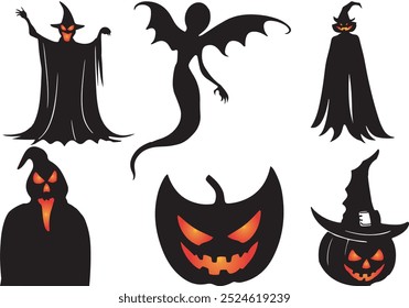 Halloween festival day icon set including creepy pumpkin and ghost bat with illustration