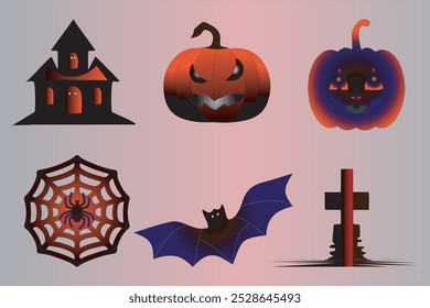 Halloween festival day icon set including creepy pumpkin and ghost bat, spider with illustration