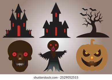 Halloween festival day icon set including creepy pumpkin and ghost bat, spider with illustration