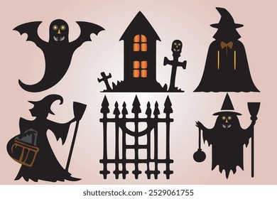 Halloween festival day icon set including creepy pumpkin and ghost bat, spider with illustration