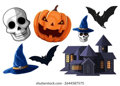 halloween festival decorative objects simple icon set design isolated on the white background.skull,halloween pumpkin face and house,bat flying,magic hat decor signs and symbols element.