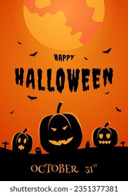 halloween festival at night moon in the sky with bats The ground had a pumpkin and a graveyard with black letters in the middle. orange gradient background for posters, cards, decorations, invitations