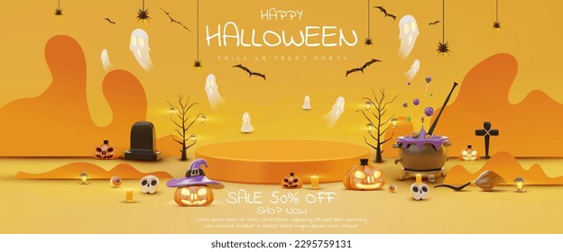 Halloween festival sale banner template background and empty podium for place product display and realistic 3D Halloween ornament, pumpkin, ghost, skull, bat,spider,broom. Vector illustration.