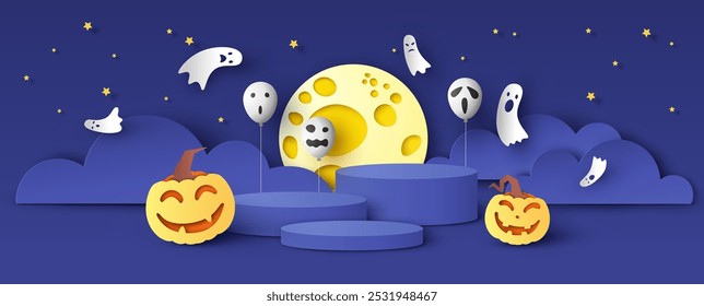 Halloween festival scene for display products showcase. Halloween mockup template. paper cut and craft style. vector, illustration.