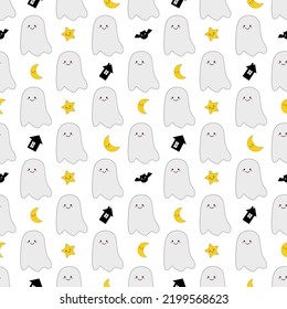 Halloween festival seamless pattern design. Endless background with pumpkin candy ghost spider cartoon style. Vector illustration background.