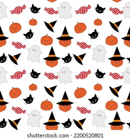 Halloween festival seamless pattern design. Endless background with pumpkin candy ghost spider cartoon style. Vector illustration background.