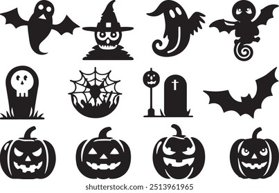 Halloween festival silhouettes icon. creepy grave coffin, cat broom and wizard silhouette. Pumpkin, bat spider broomstick and ghost Icon