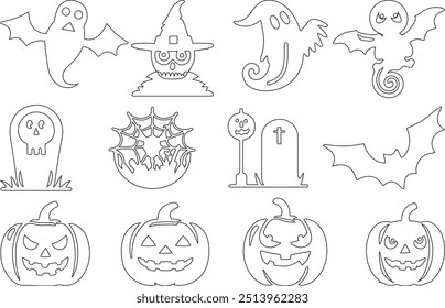 Halloween festival silhouettes icon. creepy grave coffin, cat broom and wizard silhouette. Pumpkin, bat spider broomstick and ghost Icon