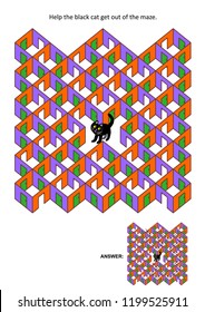 Halloween festival themed rooms and doors maze game or activity page: Help the black cat get out of the maze. Answer included.