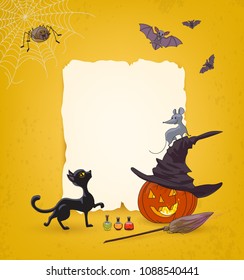 Halloween Festive advertising background with pumpkin, spider, cobweb, broom, hat, cat, mouse, bats, poison bottles and free space for advertising text of sale or discounts or invitations to party