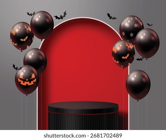 Halloween-festlicher Hintergrund mit schwarzen Ballons mit Jack-o’-Laterne-Gesichtern und Fledermaus-Mustern, fliegenden Fledermäusen und einem Podium auf rotem und grauem Hintergrund. Perfekt für Banner, Anzeigen und saisonale Designs.
