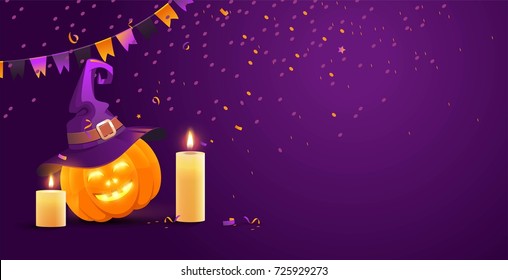 Halloween festive background with flags, pumpkin, candles and serpentine.Beautiful greeting card with place for your text. Vector Illustration.