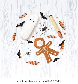 Halloween festive background with treats. Vector illustration with cookies in form of skeleton gingerbread man. Top view on spiders, paper bats and confetti on wooden texture.