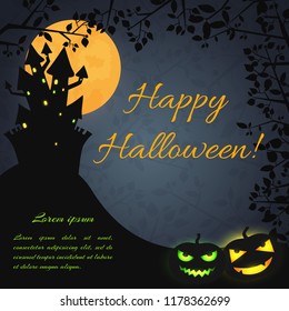 Halloween festive dark poster with haunted house on hill evil pumpkins and tree branches vector illustration Halloween festive dark poster with haunted house on hill evil pumpkins and tree branches vector illustration