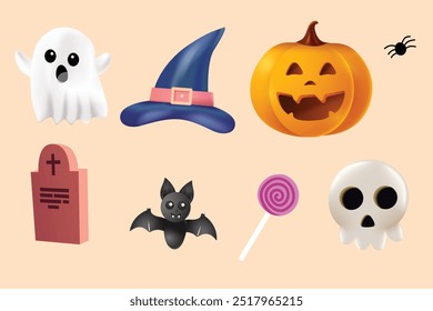 Halloween Festive Elements Pumpkin, Ghost, Spider etc. 3D Halloween Theme Concept Vector Illustration