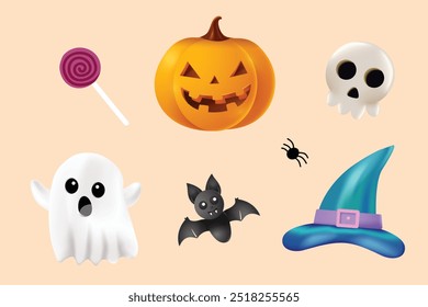 Halloween Festive Elements Pumpkin, Ghost, Bat etc. 3D Halloween Theme Concept Vector Illustration