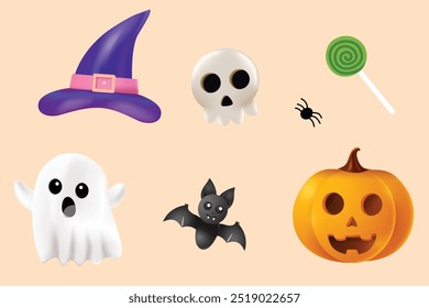 Halloween Festive Elements Pumpkin, Ghost, Skull etc. 3D Halloween Theme Concept Vector Illustration