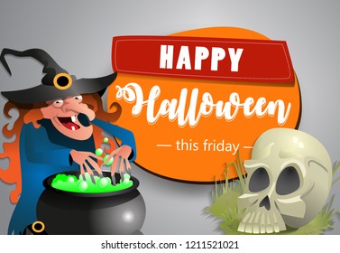 Halloween festive poster design. Skull and witch preparing potion on grey background. Template can be used for flyers, banners, invitation cards