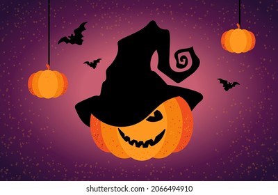 Halloween. Festive poster with a scary smiling pumpkin in a black hat. Orange lantern on a purple background and a bat. The end of autumn. Vector.