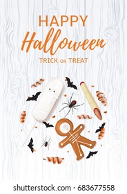 Halloween festive poster with treats. Vector illustration with cookies in form of skeleton gingerbread man. Top view on spiders, paper bats and confetti on wooden texture.