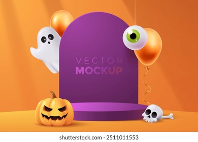 Halloween festive product display podium. Podium mockup with spooky decorations. Creative Halloween background. Realistic 3d style. Ideal for packaging presentation, marketing. Vector illustration.