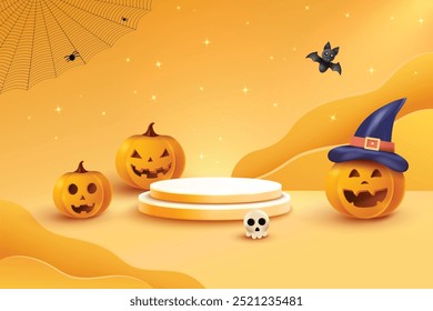 Halloween Festive Sale With Podium On Yellow Background. 3D Realistic Spooky Theme Vector Illustration.