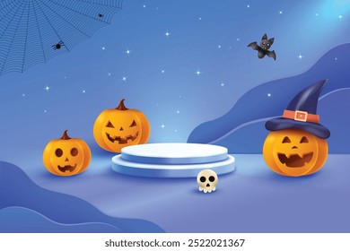 Halloween Festive Sale With Podium On Dark Blue Background. 3D Realistic Spooky Theme Vector Illustration.