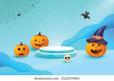 Halloween Festive Sale With Podium On Light Blue Background. 3D Realistic Spooky Theme Vector Illustration.