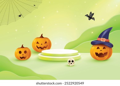 Halloween Festive Sale With Podium On Green Background. 3D Realistic Spooky Theme Vector Illustration.