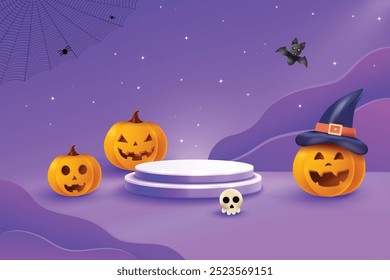 Halloween Festive Sale With Podium On Purple Background. 3D Realistic Spooky Theme Vector Illustration.