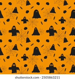 Fondo festivo de Halloween sin fisuras con linda calabaza de dibujos animados, Web de araña, caramelos, fantasmas. Textura sin fin para el Fondo de pantalla, fondo de la página del Web, papel de regalo y etc. Ilustración vectorial