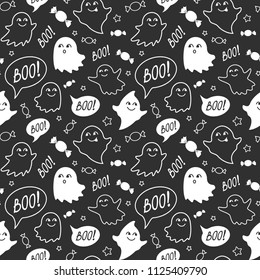 Halloween festive seamless pattern. Black endless background with smiling cute ghosts, candies and speech bubble with boo