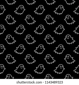 Halloween festive seamless pattern. Black endless background with smiling cute ghosts. Linear vector illustration