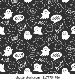Halloween festive seamless pattern. Black and white endless background with speech bubble with boo, cute smiling and spooky ghosts 