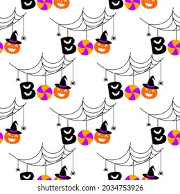 Halloween festive seamless pattern. Boo with halloween element, bats, lollypop, pumpkin and spider web.