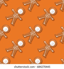 Halloween festive seamless pattern with cookies. Vector illustration with cookies in form of skeleton gingerbread man. Top view on treats on orange backdrop.