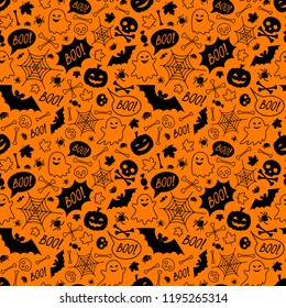 Halloween festive seamless pattern. Endless orange background with pumpkins, skulls an bones, bats, cute ghosts, spiders and web, candies and speech bubble with boo