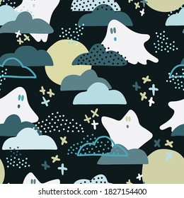 Halloween festive seamless pattern. Endless repeating background with funny ghosts amidst cloudy night sky. Vector illustration
