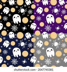 Halloween festive seamless pattern. Endless background with pumpkins, skulls, ghosts, bones, candies, spider web ,eye,autum and fall theme for paper,wrapping,carpet,wallpaper,fabric art work