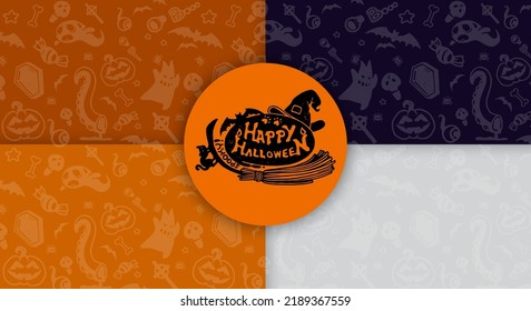 Halloween festive seamless pattern. Endless backgrounds with pumpkins, skulls, bats, spiders, ghosts, bones, candies, spider webs and many more.