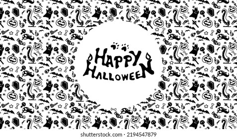 Halloween festive seamless pattern. Endless backgrounds with pumpkins, skulls, bats, spiders, ghosts, bones, candies, spider webs and many more.