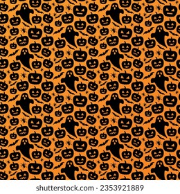 Halloween festive seamless pattern, endless background with pumpkins, ghosts, bats, spiders, black pattern on an orange background