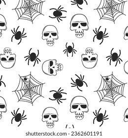 Halloween festive seamless pattern. Endless background with pumpkins, skulls, bats, spiders, ghosts, bones, candies, spider web