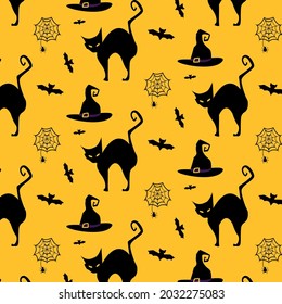 Halloween  festive seamless pattern, flat background  illustration. Endless background with  bats, spiders, ghosts, black cat.Design for Posters and Invitations.  Cartoon design. Vector Eps. 8