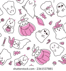 Halloween festive seamless pattern with ghosts in doodle style. Pink endless background with spooky ghosts, candies and speech with boo. Vector illustration.