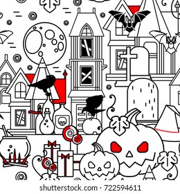 Halloween. Festive seamless pattern with linear icons. Pumpkins, gifts, candy, cauldron, skull, moon, bat, old house, crows, headstone on a white background. Vector illustration.