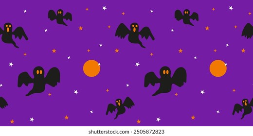 Halloween festive seamless pattern. Halloween neon pattern with ghosts, moon and stars