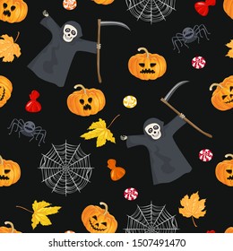 Halloween festive seamless pattern on dark background. Grim Reaper with scythe, Spider, scary pumpkin, cobweb, autumn leaves, candies and sweets. Vector illustration in cartoon simple flat style.